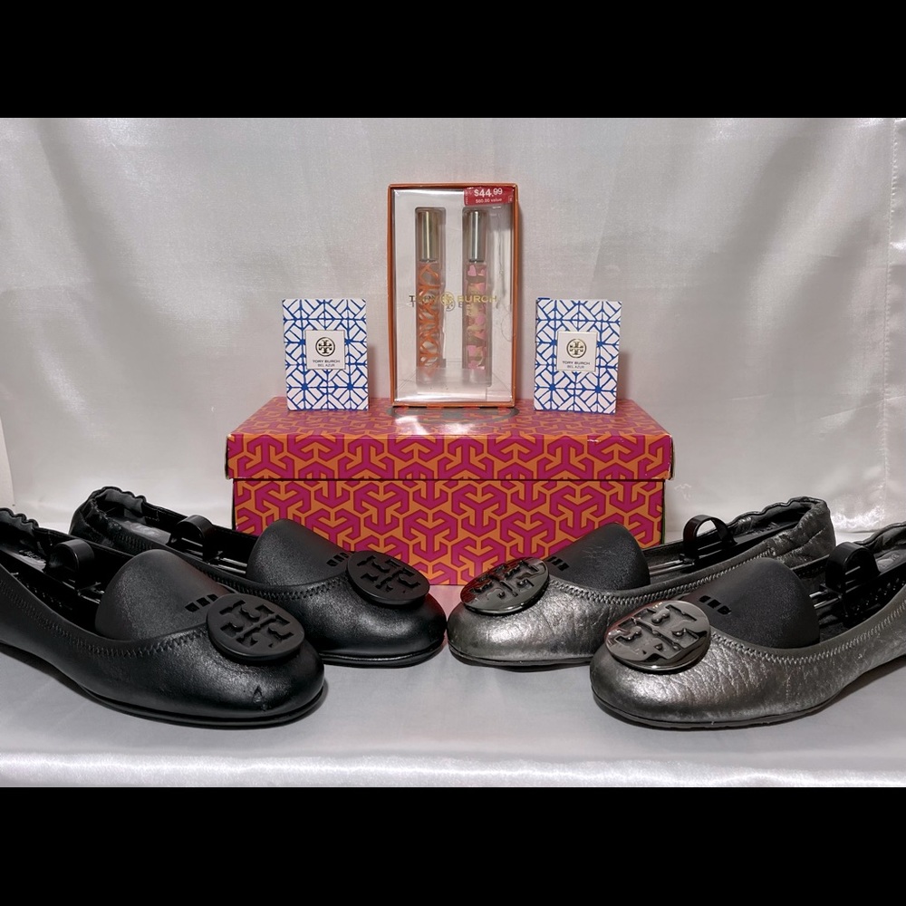 BUNDLE!ToryBurch 9.5 Flats Black/Silver-Rollerball Parfum Set-Sample Size Parfum